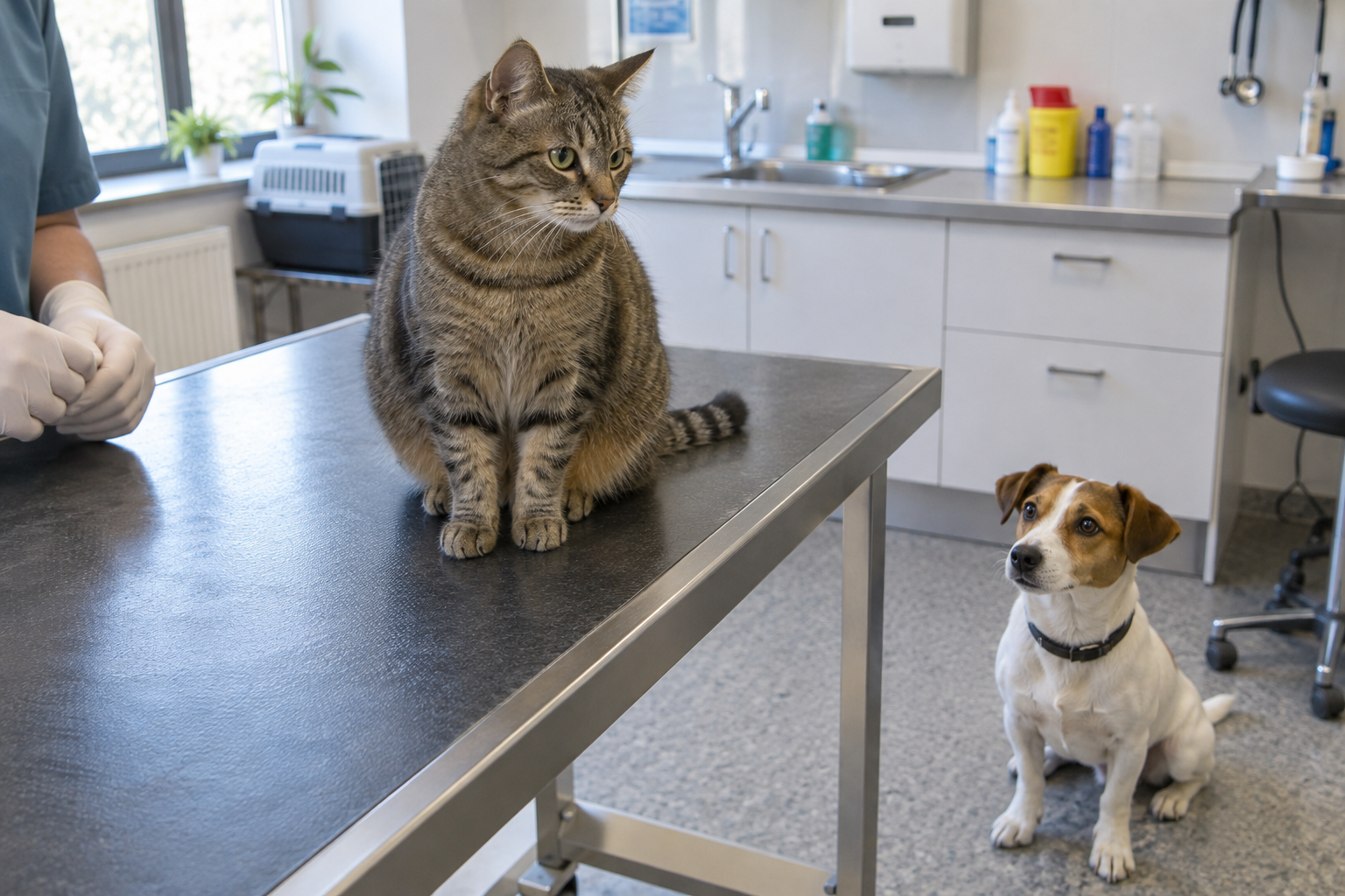 Kočka a pes při klidné návštěvě veterinární ordinace